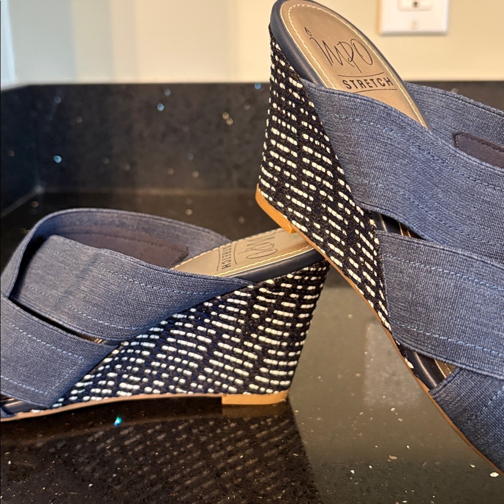 *Impo Denim Blue Stretch Wedges Sandals Mules Slides BOHO Beach Vacation - Picture 3 of 14